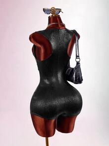 Amplova Triangle Cup Thin Strap PU Leather Buckle Tie Sleeveless Tight Bodycon Mini Jumpsuit With Super Elasticity For Women - Black - View 8