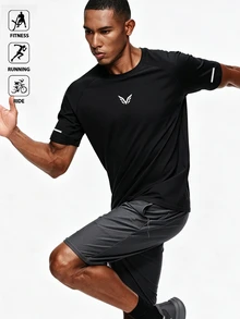 Acti Log Men's Sports Crew Neck Short Sleeve Printed T-Shirt - Black - View 1