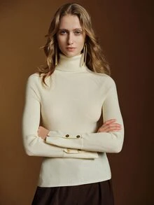 Anewsta Essential Women's Autumn/Winter Raglan Sleeve Ruched Neck Knit Top, Vertical Ribbed Elastic Slim Fit Cuff Button-Up Split Hem Long Sleeve Base Layer - Apricot - View 2