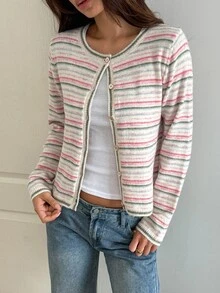 DAZY Women's Colorful Striped Loose Long Sleeve Round Neck Casual Vacation Korean Style Autumn/Winter Knit Cardigan - Pink - View 5