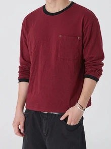 DAZY Spring Autumn Dark Gray Long Sleeve Cuffed Cuff Design Chest Rivet Decor Men's T-Shirt - Burgundy - View 1