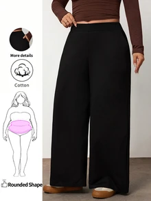 Enliva Plus Size Women's Cotton Blend Sweatpants High Waist Wide Leg Lounge Pants With Side Pockets,Apple,Rounded Body - Black - View 1
