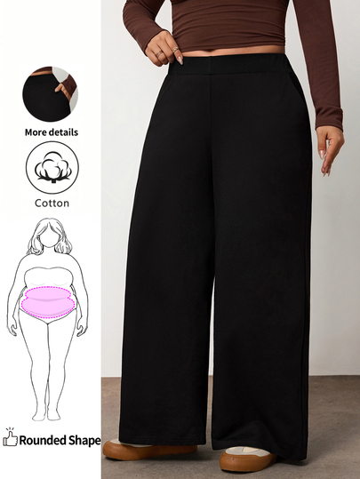 Enliva Plus Size Women's Cotton Blend Sweatpants High Waist Wide Leg Lounge Pants With Side Pockets,Apple,Rounded Body