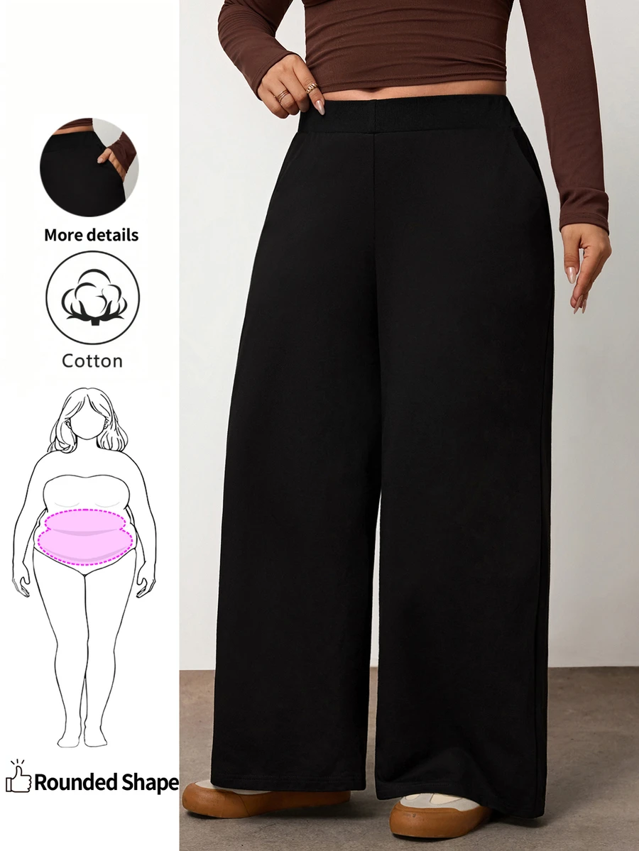 Enliva Plus Size Women's Cotton Blend Sweatpants High Waist Wide Leg Lounge Pants With Side Pockets,Apple,Rounded Body - Black - View 1