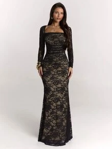 SHEIN BAE Women's Square Neck Lace Top And Lace Long Skirt Elegant Set - Black - View 3
