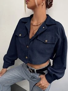 SHEIN EZwear 春秋穿搭落肩翻蓋設計短版燈芯絨夾克 秋冬款 - 藏蓝色 - 查看 6