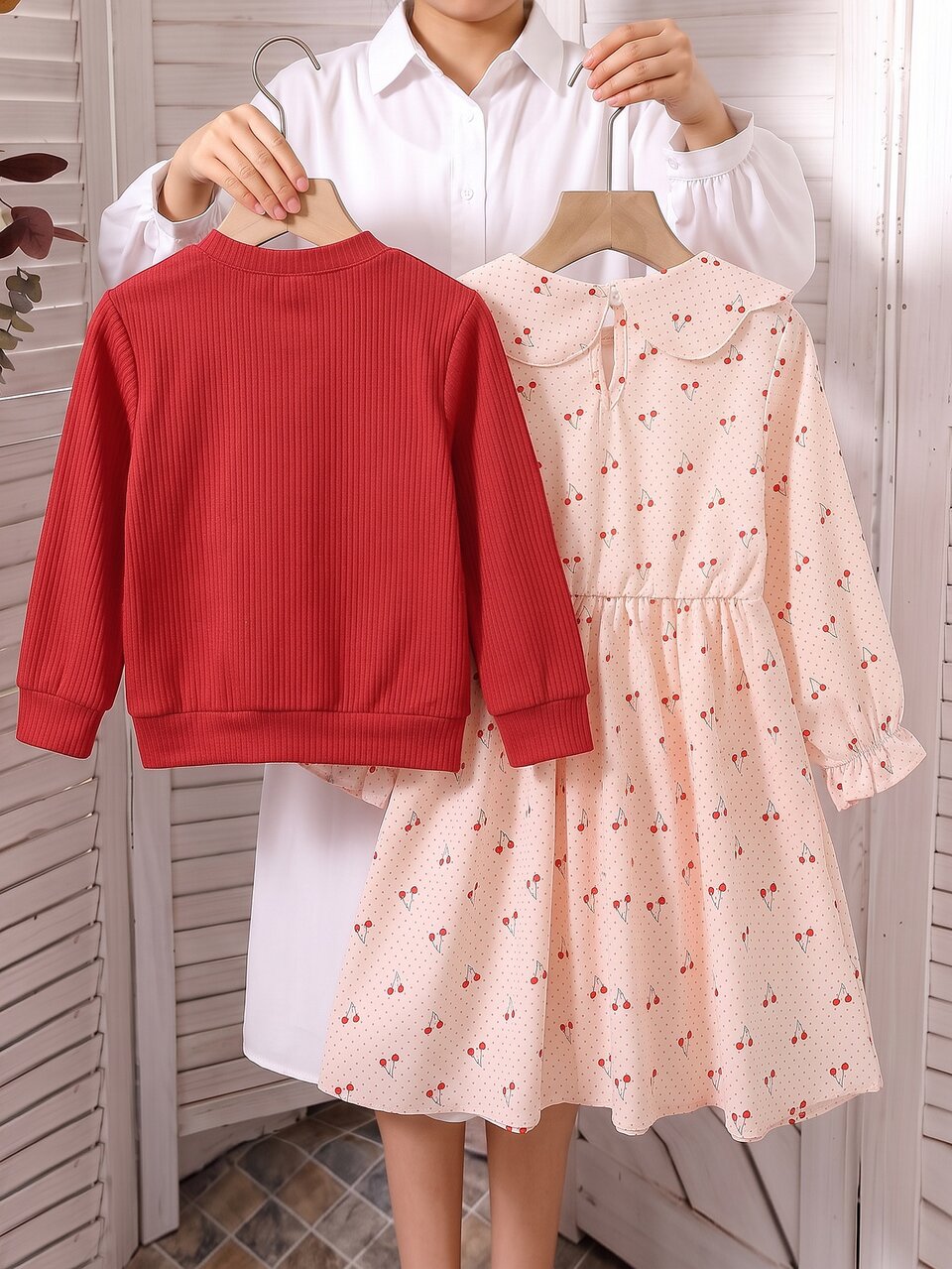 Girls Toddler 2pcs Set, 3D Decor Top & Cherry Fruit All-Over Print Dress, Knitted Textured Fabric Cardigan Long Sleeve Outfit, Autumn