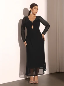 Cravure Plus Size Elegant Hollow Circle Mesh Sheer Long Sleeve Fitted Dress - Black - View 7
