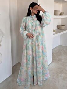 Yasmyna Women's Floral Print Button Loose Casual Elegant Maxi Dress - Green - View 5