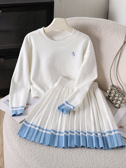 Girls' Sweater Co-Ords Color Special Embroidery Round Neck Pullover With Pleated Skirt Knit Sweater Set. Soft And Comfortable, Suitable For Everyday Wear, Outings, Travel, Vacations, Daycare, And Children's Playtime.