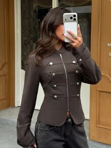 Siren Gaze Women's Zipper Casual Versatile Daily Travel Long Sleeve Jacket - Brown - View 4