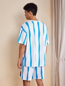 SpongeBob SquarePants | SHEIN Men's Cartoon Print Short Sleeve Top And Shorts Casual Daily Home Wear Set - Blue and White - View 2