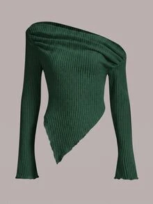 SHEIN ICON Y2K 頹廢風不對稱領口荷葉邊修身T恤 - 墨綠色 - 查看 2