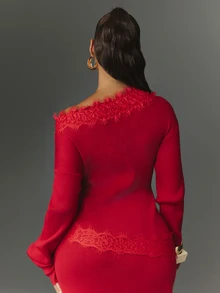 NYA SZN Women's Elegant Asymmetrical Shoulder Lace Patchwork Knit Top - Burgundy - View 7