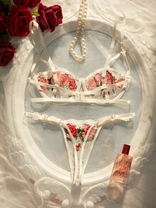 Crystal Vow Women's Gorgeous Embroidered Sexy Bra And Panty Lingerie Set - Red and White - View 2