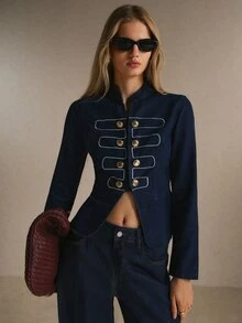Poéselle Women's Fitted Double Breasted Denim Jacket With Gold Buttons And Contrast Piping, Elegant Tailored - Dark Wash - View 7