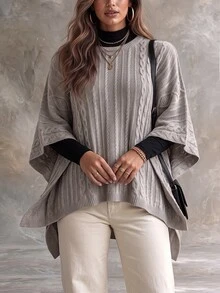 Ceyna Plus Size Women's Fashion Cable Rope Grey Crew Neck Poncho Sweater Pullover Casual Smart Loose Cape Outerwear Top For Autumn/Winter Formal Holiday - Khaki - View 3