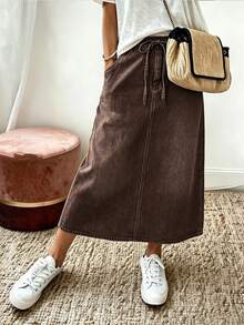 SHEIN Rok Denim Motif Elegan Kasual untuk Komuter Wanita - Coffee Brown - View 3