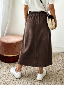 SHEIN Rok Denim Motif Elegan Kasual untuk Komuter Wanita - Coffee Brown - View 2