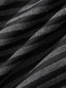 DAZY Grey-Black Fine Striped V-Neck Metal Eyelet Decor Slim Fit Long Sleeve Casual Versatile T-Shirt Top - Black - View 5