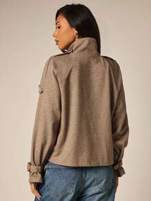 COSMINA Women's Solid Color High Neck Button Decor Dual Pocket Long Sleeve Regular Fit Jacket - Multicolor - View 2