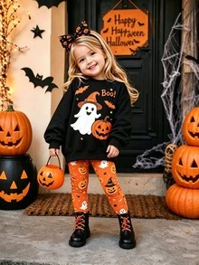 Oo Cute To Spook 幼女萬聖節服裝，可愛幽靈娃娃與南瓜圖案內搭褲套裝（2件組），秋季穿搭系列 - 彩色 - 查看 1