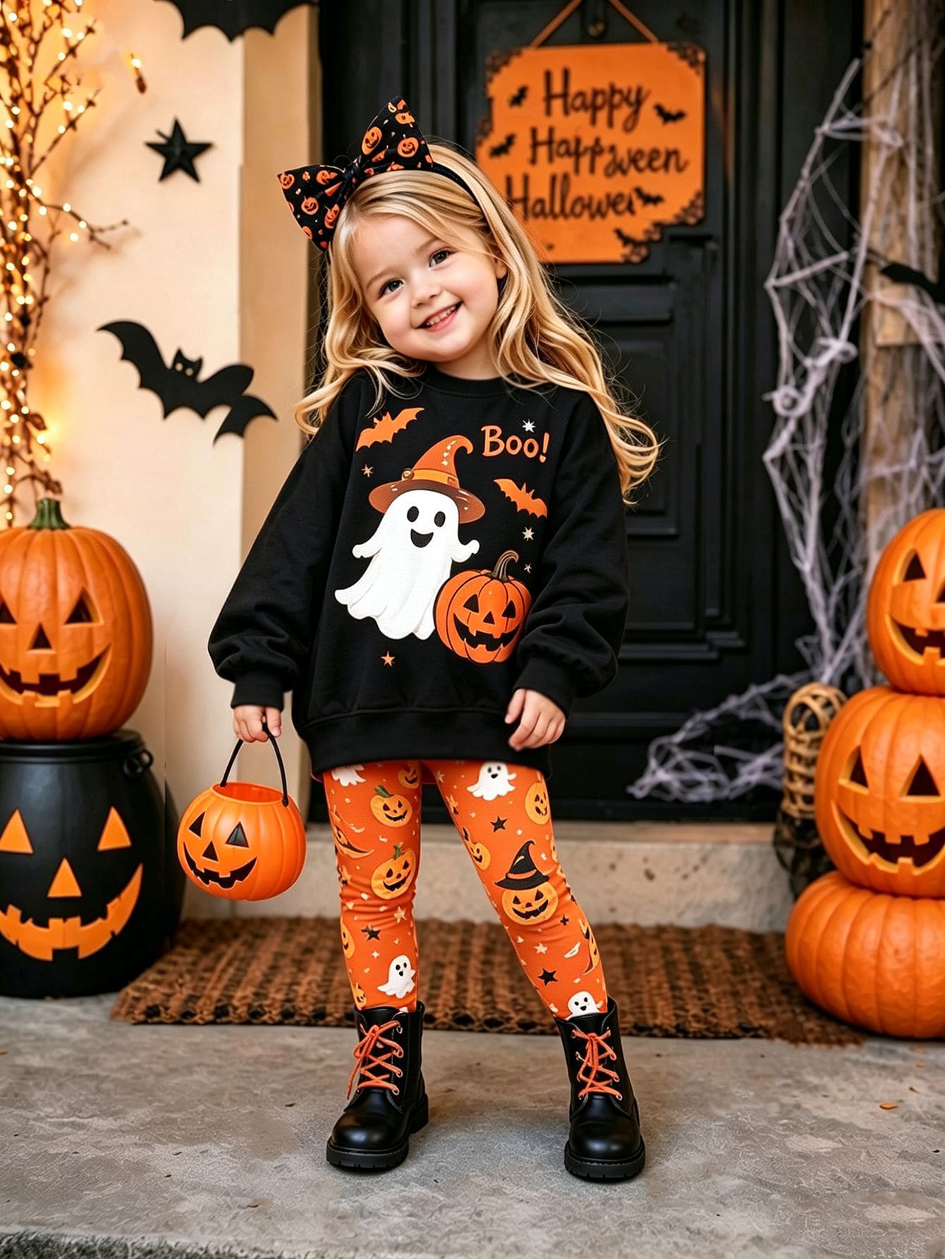 Oo Cute To Spook 幼女萬聖節服裝，可愛幽靈娃娃與南瓜圖案內搭褲套裝（2件組），秋季穿搭系列 - 彩色 - 查看 1