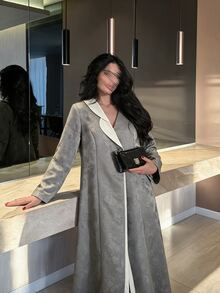 Yasmyna Women's Grey Woven Jacquard Single Lapel Contrast Color Long Sleeve Abaya - Grey - View 5