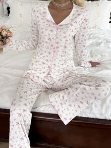 CottageSlumber Bow Decor Ditsy Floral Frill Trim Long Sleeve Pajama Set - Multicolor - View 7