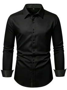 Manfinity Homme Men's Black Long-Sleeve Plus Size Business Casual Shirt Premium Embossed Design. - Black - View 1