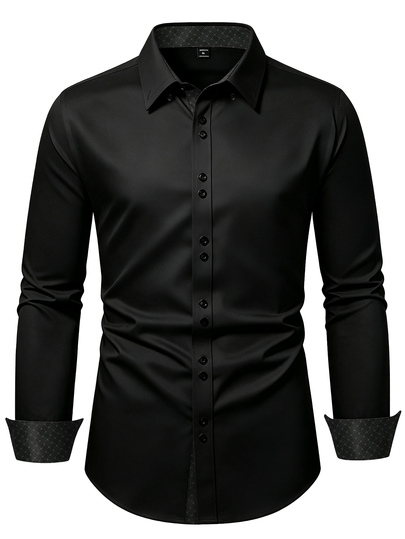Manfinity Homme Men's Black Long-Sleeve Plus Size Business Casual Shirt Premium Embossed Design.