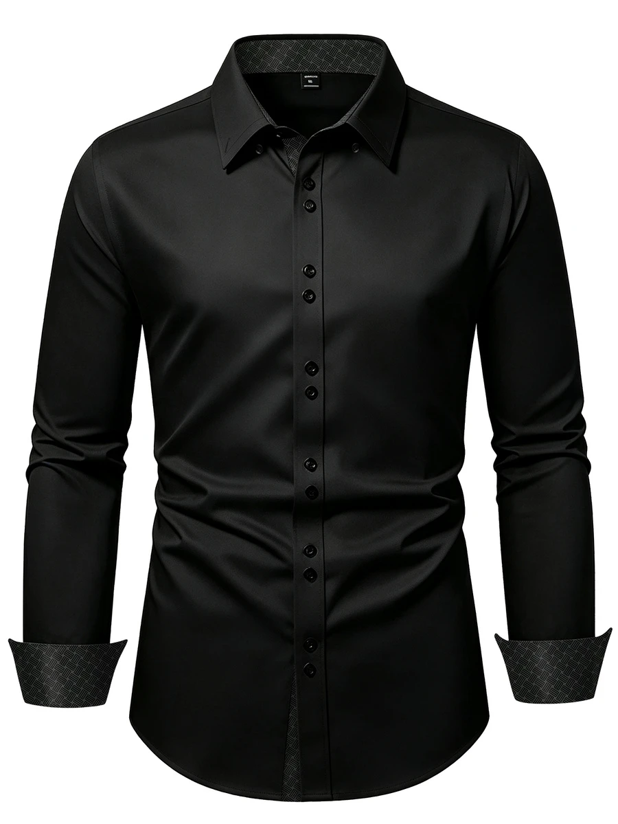 Manfinity Homme Men's Black Long-Sleeve Plus Size Business Casual Shirt Premium Embossed Design. - Black - View 1