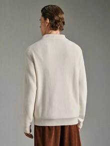 Calmiston 男士街頭休閒刺繡長袖針織衫 百搭款 - 白色 - 查看 7