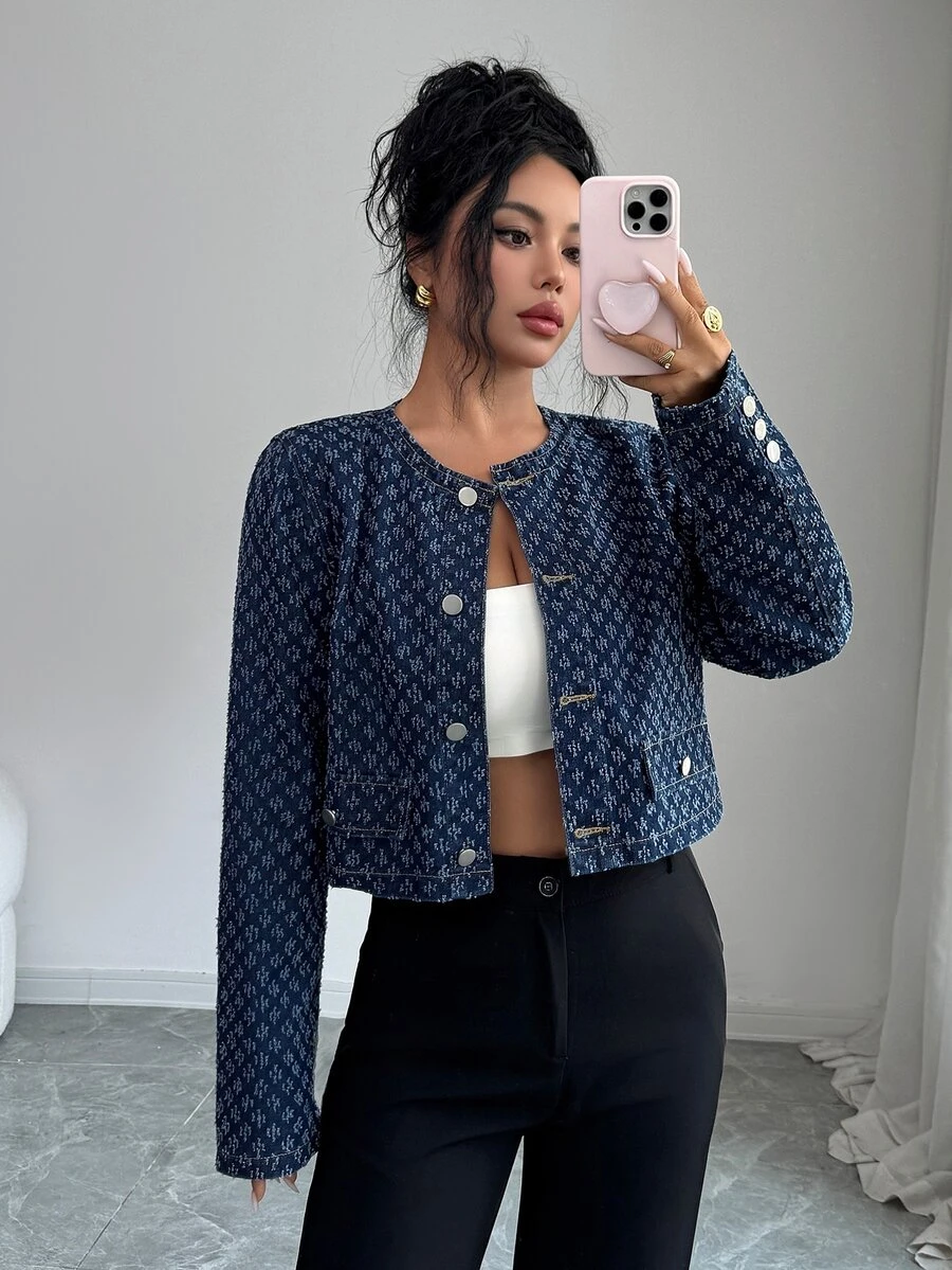 Elenzga Allover Print Button Front Crop Denim Jacket - Blue - View 1