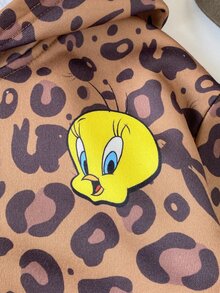 LOONEY TUNES X SHEIN 1件少女休閒運動學院風多功能棕色復古卡通豹紋寬鬆針織長袖連帽開襟衛衣 Y2K，適合日常穿著、秋冬、室內、運動、攝影、假期、生日 - 棕色 - 查看 9