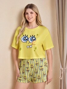 SpongeBob SquarePants | SHEIN 女款卡通印花短袖上衣與短褲休閒居家睡衣套裝 - 黃色 - 查看 5
