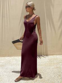 Livesso Petite Women's Solid Color Casual Everyday Summer Knit Dress - Brown - View 1