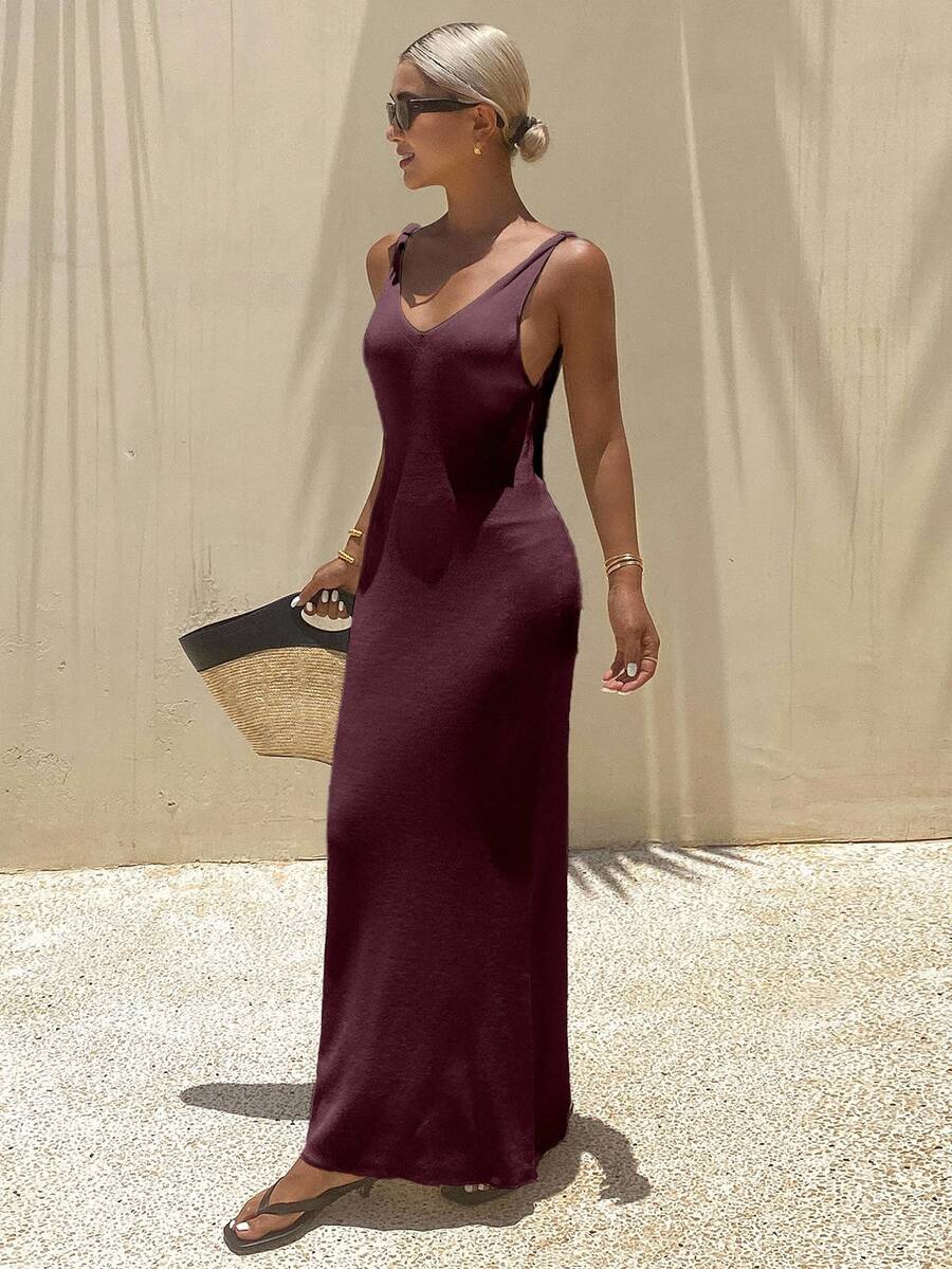 Livesso Petite Women's Solid Color Casual Everyday Summer Knit Dress - Brown - View 1
