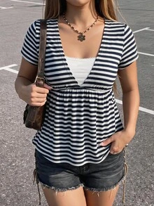 SHEIN ICON 女款大尺碼條紋兩件式休閒日常短袖T恤 - 藏蓝色 - 查看 1