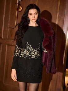 MOTF PREMIUM WOMEN'S AUTUMN/WINTER SHORT LACE EMBROIDERED PATCHWORK MINI DRESS - Black - View 6