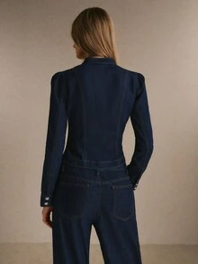 Poéselle Women's Fitted Band Collar Denim Shirt Jacket With Button Front And Curved Hem, Slim Fit - Dark Wash - View 2
