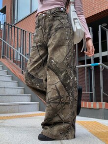 DAZY Women's Loose Wide Leg Jeans With All-Over Floral Print, Army Green Letter Embroidery, Casual Streetwear Korean Style For Spring And Autumn - Green - View 5