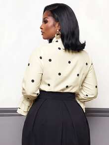 Slaydiva Women Plus Size Polka Dot Shirt With Turn Collar Long Sleeve Multi-Layer Cuff Design Fall - Apricot - View 2