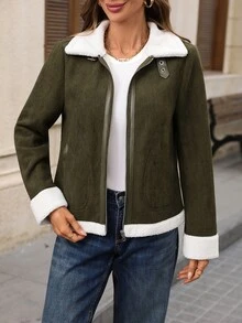 EMERY ROSE Women's Autumn/Winter Plush Patchwork Zipper Metal Button Stand Collar Casual Jacket - Army Green - View 1