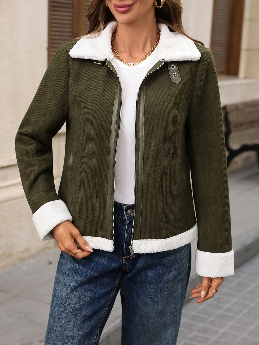 EMERY ROSE Women's Autumn/Winter Plush Patchwork Zipper Metal Button Stand Collar Casual Jacket - Army Green - View 1