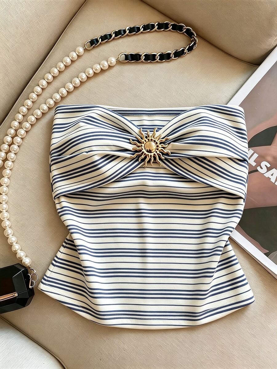 Franclia Women's Striped Twisted Knot Sun Buckle Decor Fashion Bandeau Top - Blue and White - View 1