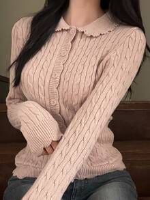 DAZY Solid Color Slim Fit Long Sleeve Turn Collar Cable Knit Casual Vacation Korean Style Versatile Autumn Winter Cardigan For Women - Pink - View 1