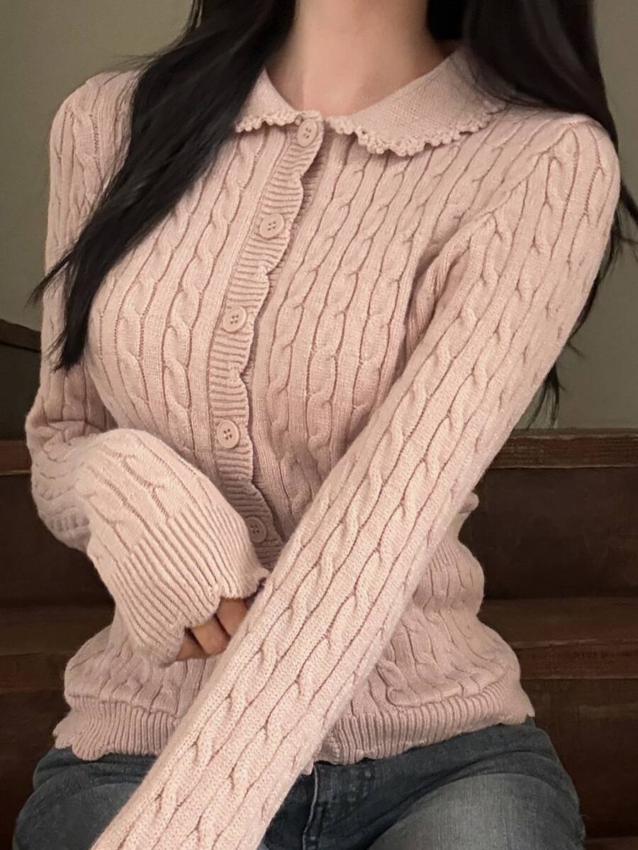 DAZY Solid Color Slim Fit Long Sleeve Turn Collar Cable Knit Casual Vacation Korean Style Versatile Autumn Winter Cardigan For Women - Pink - View 1