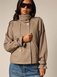 COSMINA Women's Solid Color High Neck Button Decor Dual Pocket Long Sleeve Regular Fit Jacket - Multicolor - View 8