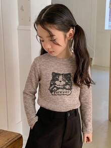 Dazy Kids 青少年女孩圓領長袖針織貓咪與字母圖案印花T恤 - 卡其色 - 查看 2